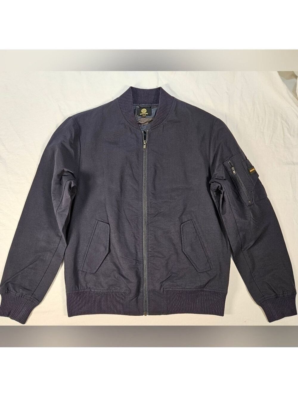 Size Small NWT Men's Navy Zip Bomber Jacket, Snover, Cotton, Cargo Sleeve Pocket